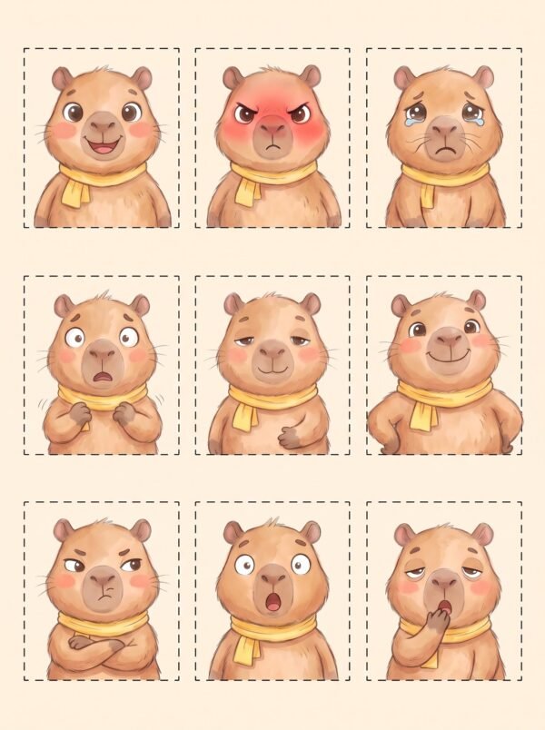 Capy's Feelings Cards preview Nine printable Capy emotion cards in colour and black and white