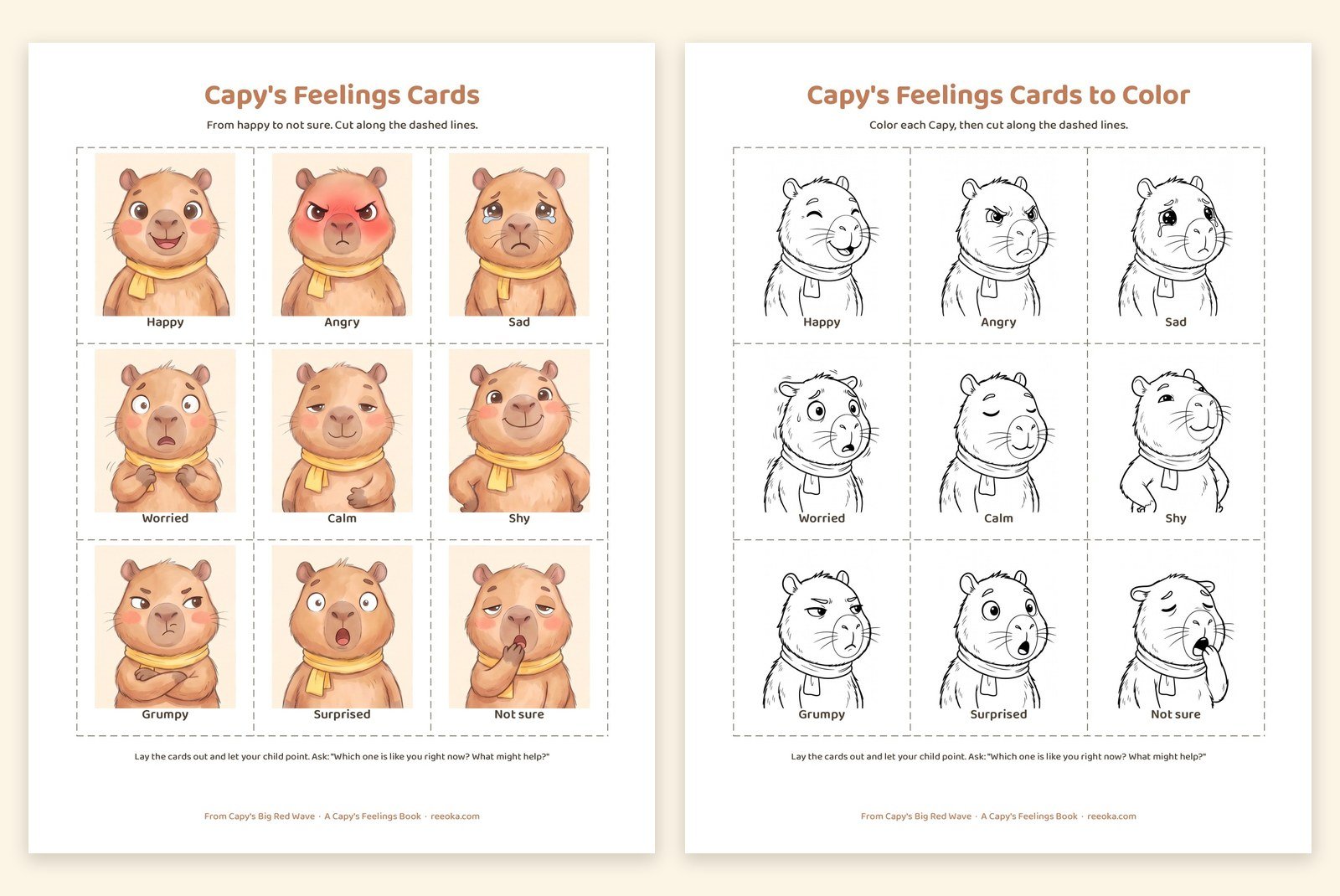 Nine printable Capy emotion cards, shown in color and in line art
