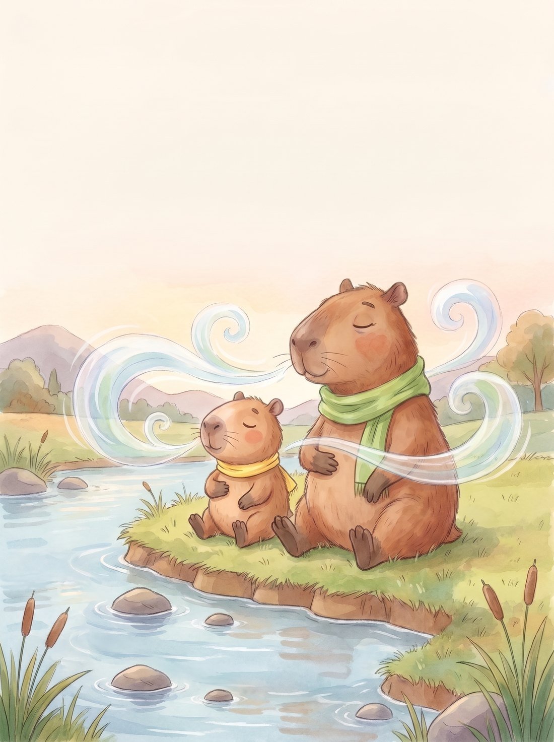 Capy and Mama sitting by the river breathing slowly together