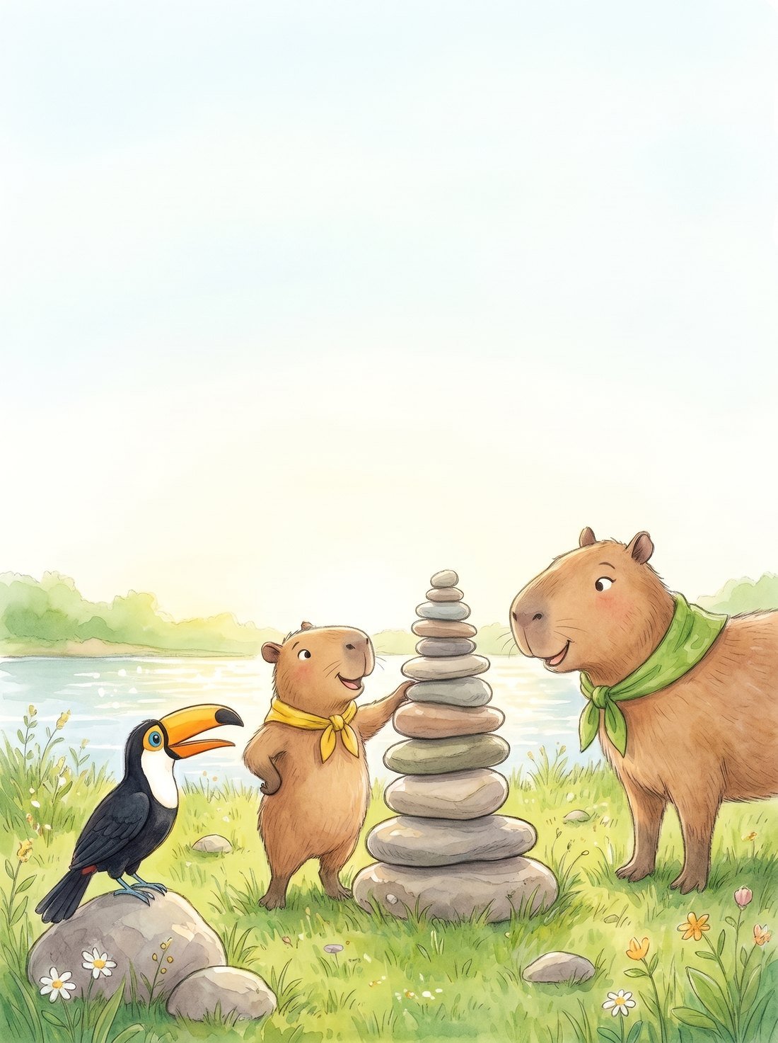 Capy and Toucan rebuilding the stone tower together