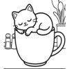 A cat curled asleep inside a giant coffee cup, bold and easy line art