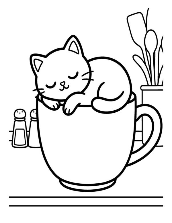 A cat curled asleep inside a giant coffee cup, bold and easy line art