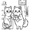 Two cats at the counter taking an order, bold and easy line art