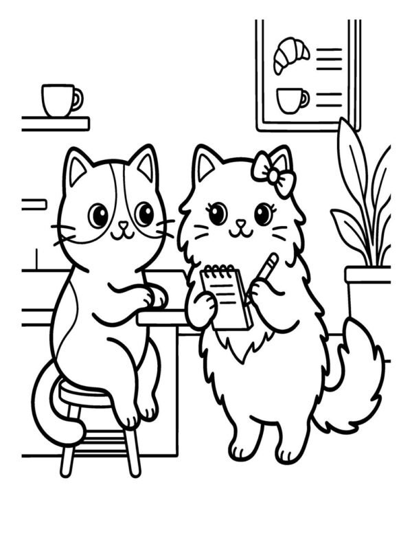 Two cats at the counter taking an order, bold and easy line art