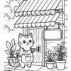 A cat in an apron unlocking the cafe door, bold and easy line art