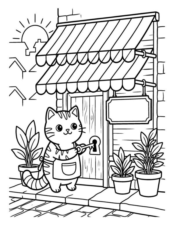 A cat in an apron unlocking the cafe door, bold and easy line art