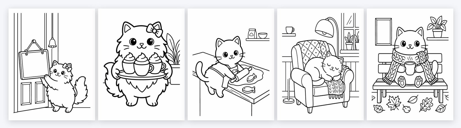 Five bold and easy coloring pages from the Cozy Cat Cafe book