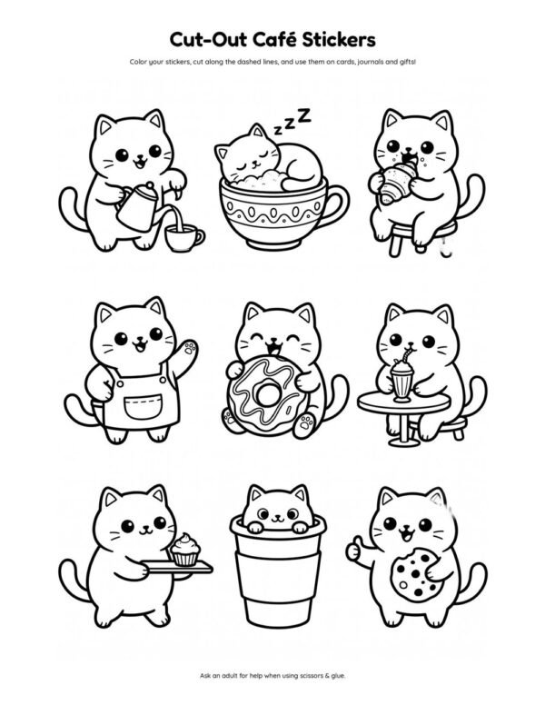 A sheet of nine cut-out cafe cat stickers to color