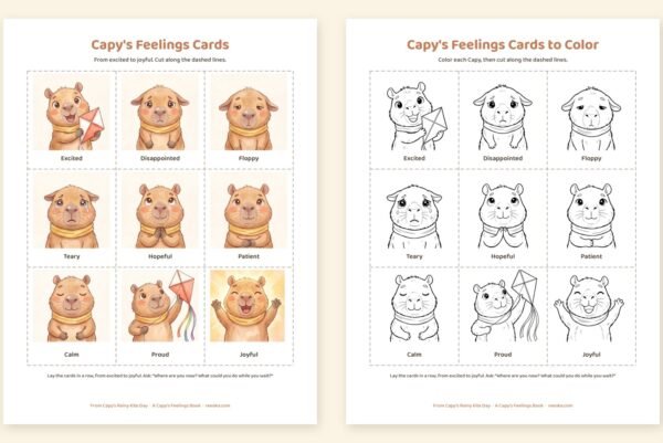 Nine printable Capy feelings cards from excited to joyful, in color and in line art
