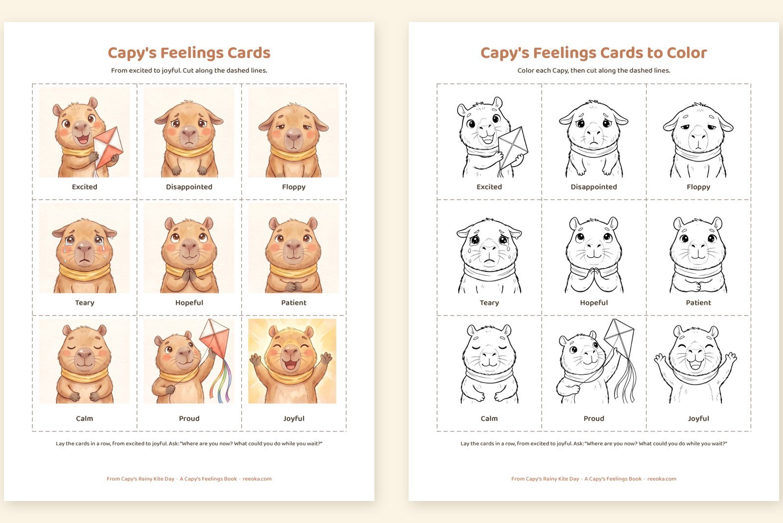 Nine printable Capy feelings cards from excited to joyful, in color and in line art