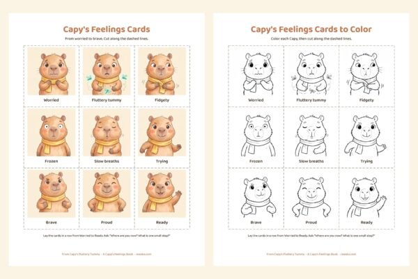 Nine printable Capy feelings cards from worried to brave, in color and in line art