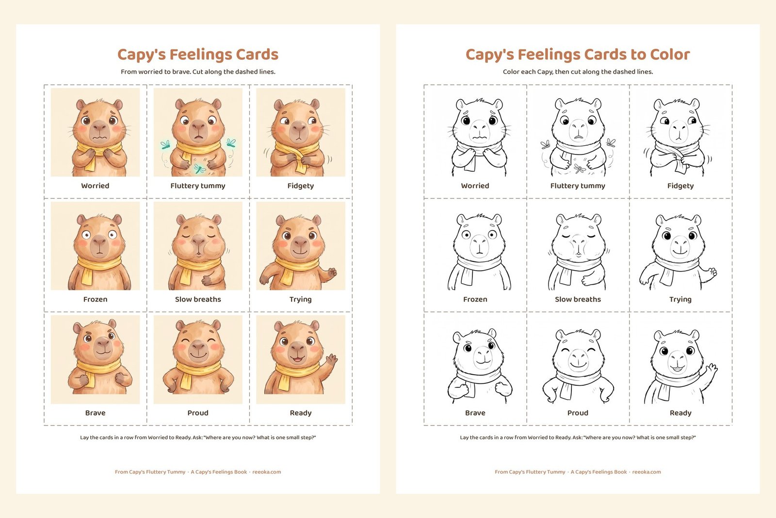 Nine printable Capy feelings cards from worried to brave, in color and in line art