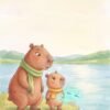 Capy and Mama standing at the edge of the big pond taking slow breaths together