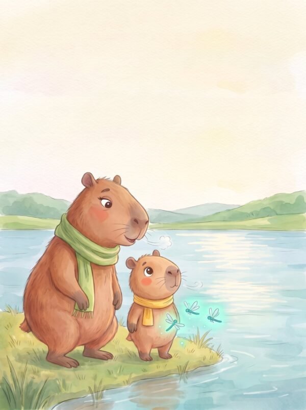 Capy and Mama standing at the edge of the big pond taking slow breaths together