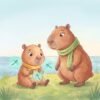 Capy sitting on the grass by the big pond with glowing teal dragonflies around his tummy while Mama stands beside him
