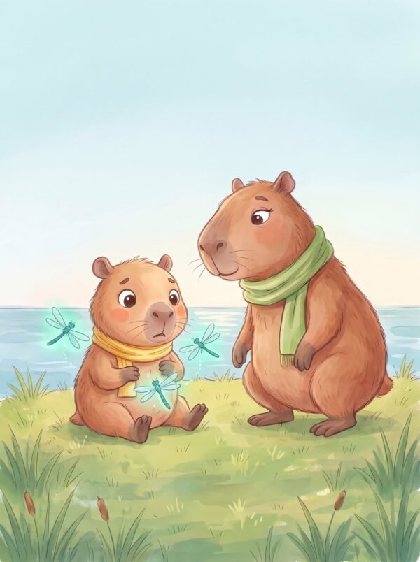 Capy sitting on the grass by the big pond with glowing teal dragonflies around his tummy while Mama stands beside him