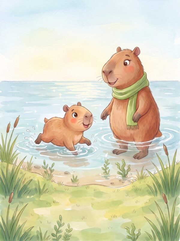 Capy paddling happily in the shallow water of the big pond beside Mama