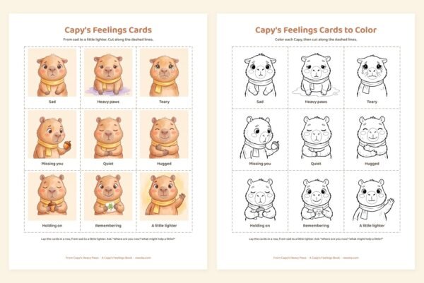 Nine printable Capy feelings cards from sad to a little lighter, in color and in line art