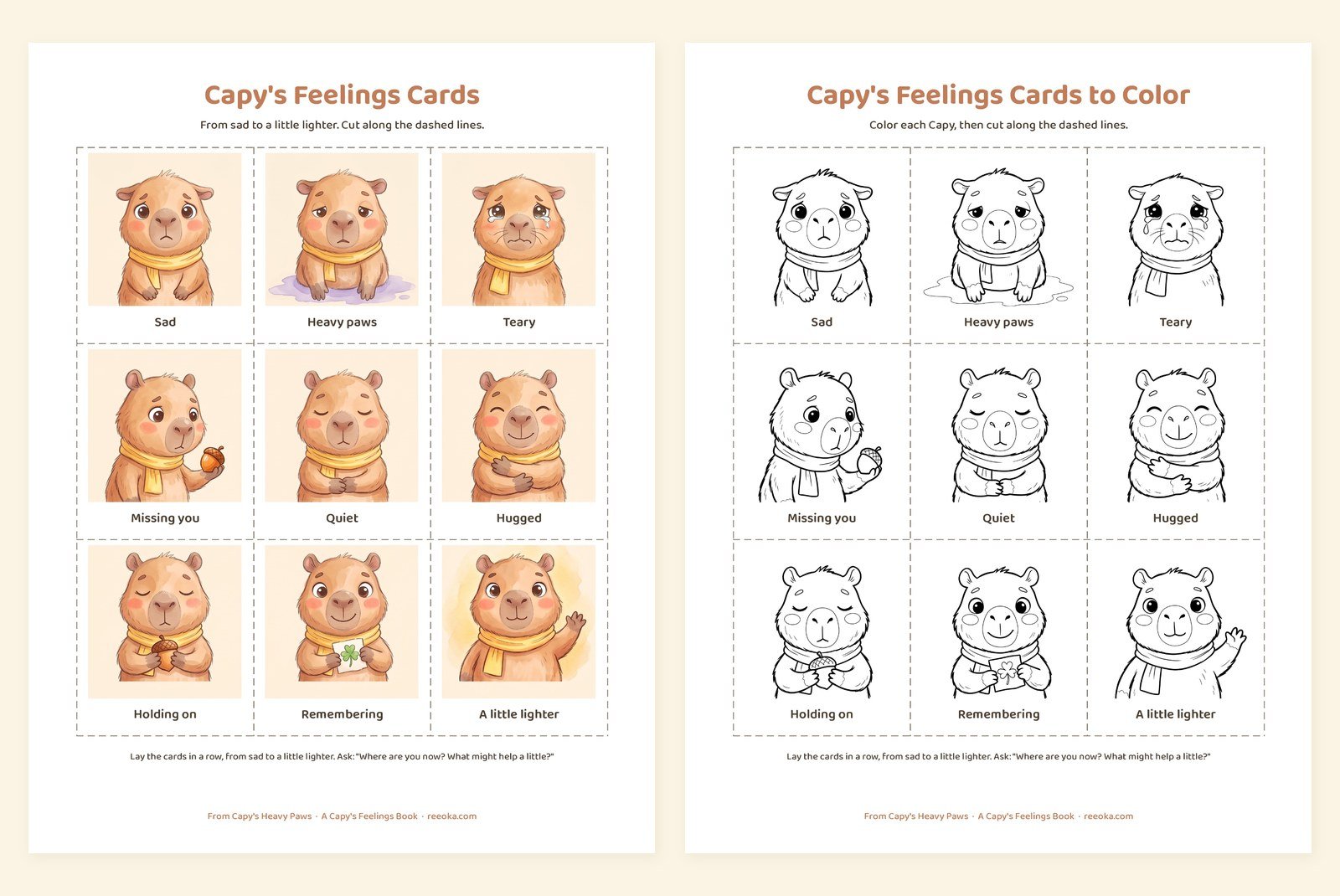Nine printable Capy feelings cards from sad to a little lighter, in color and in line art
