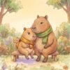 Capy leaning against Mama on a garden bench, holding Pip’s acorn tight