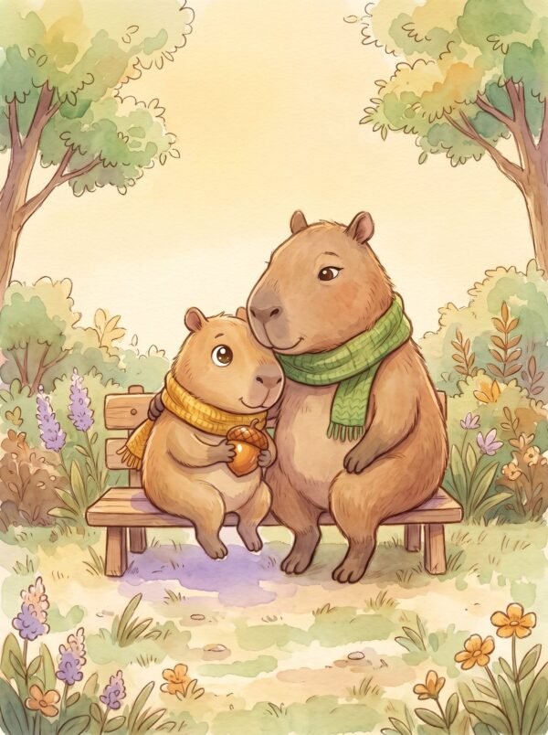 Capy leaning against Mama on a garden bench, holding Pip’s acorn tight