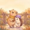 Capy hugging his friend Pip the hedgehog goodbye at the preschool gate, holding the acorn Pip gave him