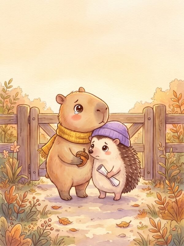 Capy hugging his friend Pip the hedgehog goodbye at the preschool gate, holding the acorn Pip gave him