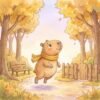 Capy giving a small hop along the woodland path under golden autumn trees