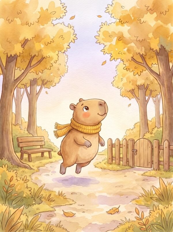 Capy giving a small hop along the woodland path under golden autumn trees