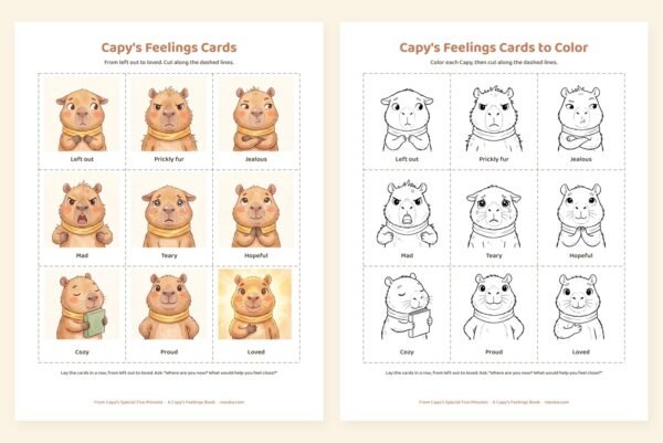 Nine printable Capy feelings cards from left out to loved, in color and in line art