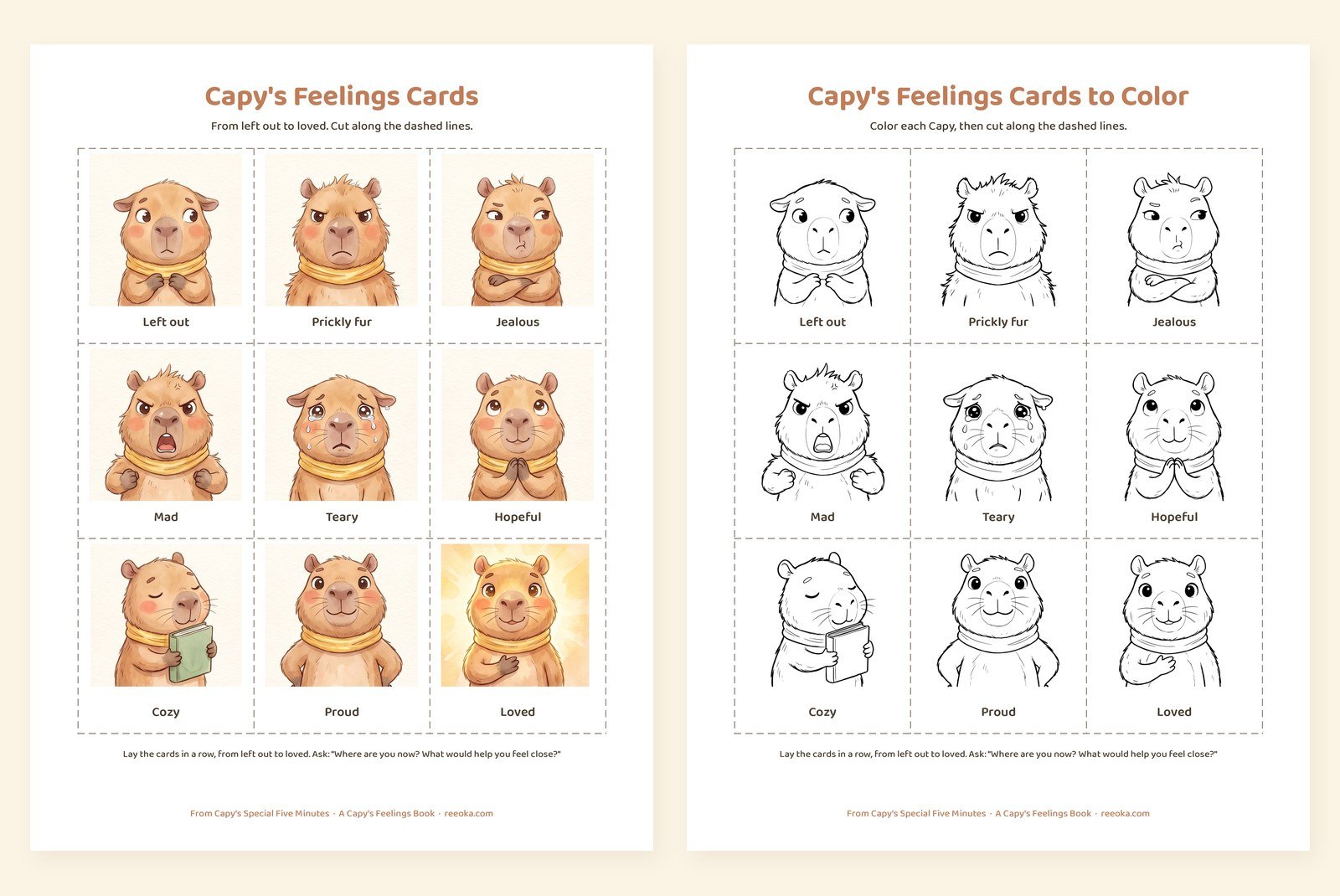 Nine printable Capy feelings cards from left out to loved, in color and in line art
