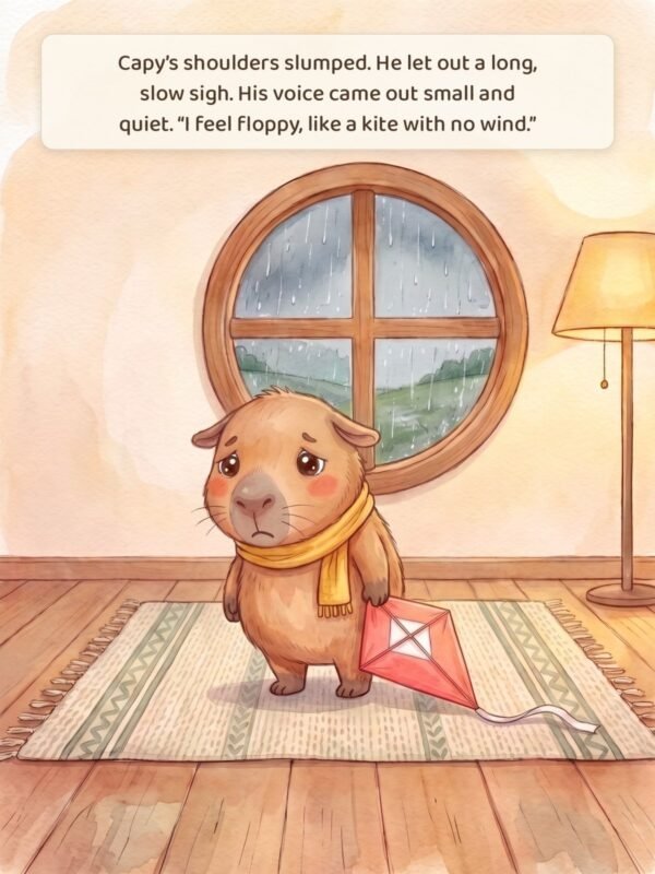 Inside page: rain at the window, and Capy stands with his ears down and the kite hanging limp. I feel floppy, like a kite with no wind.