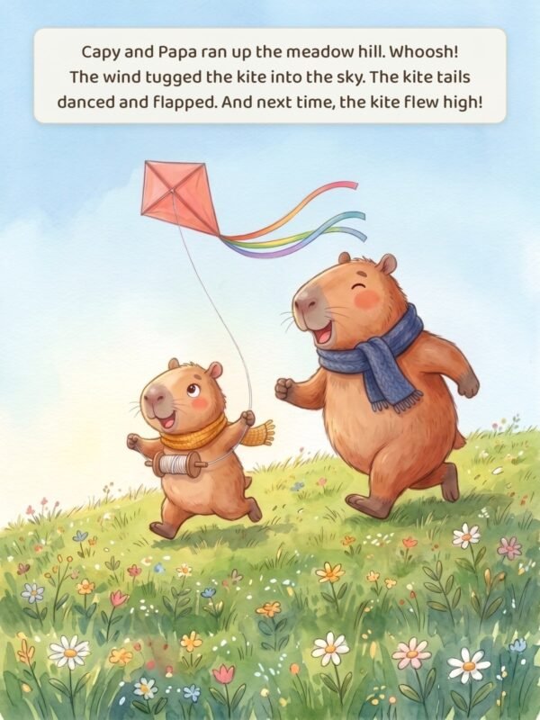 Inside page: on a dry morning Capy and Papa run up the meadow hill and the kite flies high with its rainbow tails