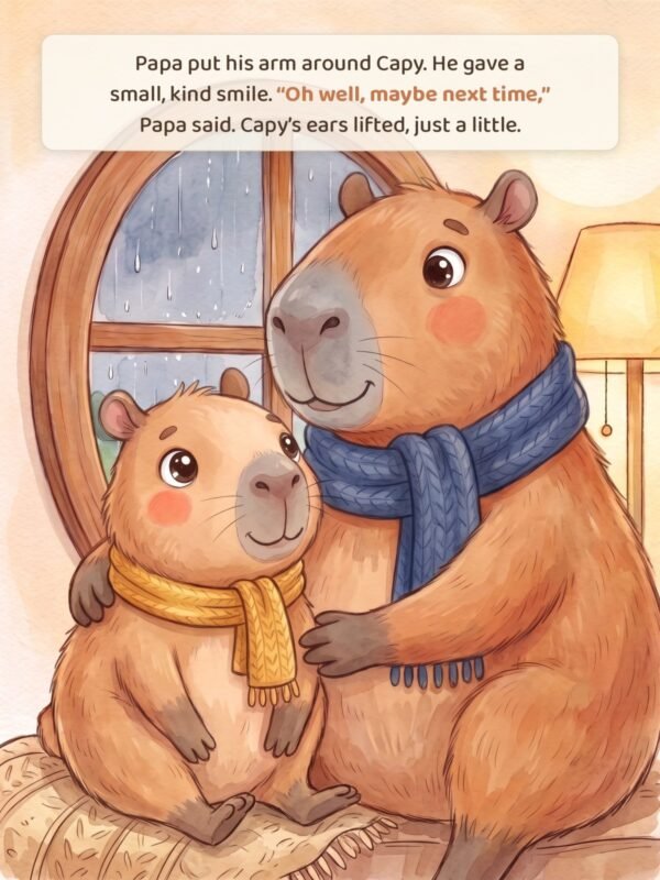 Inside page: Papa puts his arm around Capy by the rainy window. Oh well, maybe next time.