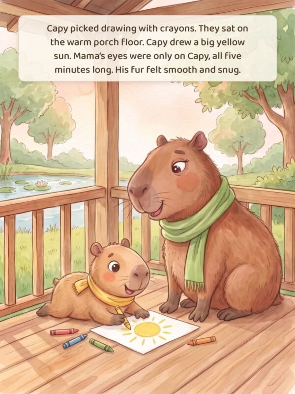 Inside page: Capy draws a yellow sun with crayons while Mama watches only him for all five minutes