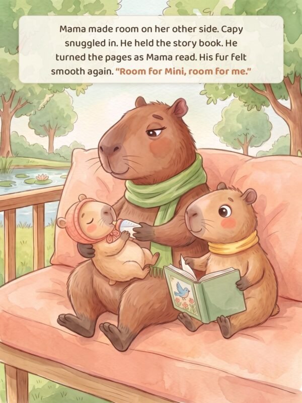 Inside page: Capy snuggles beside Mama and turns the pages while Mama feeds Mini. Room for Mini, room for me.