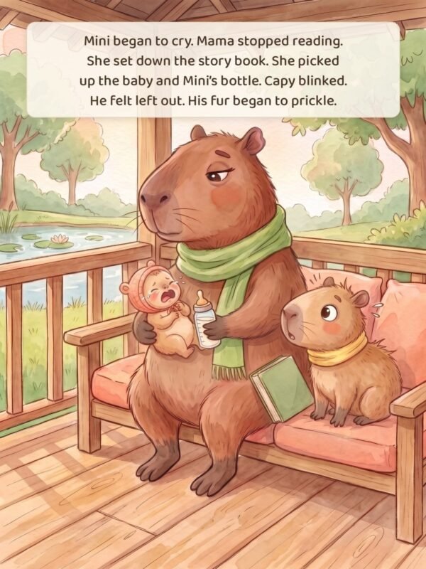 Inside page: Mama stops reading to feed baby Mini, and Capy's fur begins to prickle