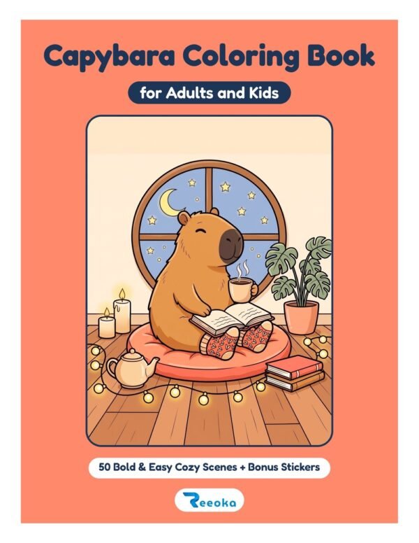 Capybara Coloring Book cover Cover of the Capybara Coloring Book for Adults and Kids, bold and easy cozy scenes, by Reeoka