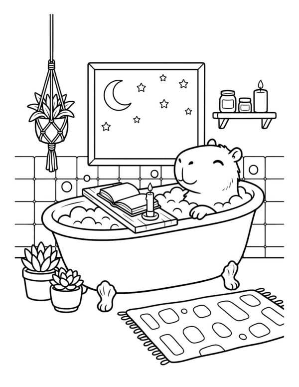 Bubble Bath A capybara relaxing in a clawfoot bubble bath, bold and easy line art