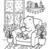 Rainy Night Cocoa A capybara in an armchair sipping cocoa by a rainy window, bold and easy line art