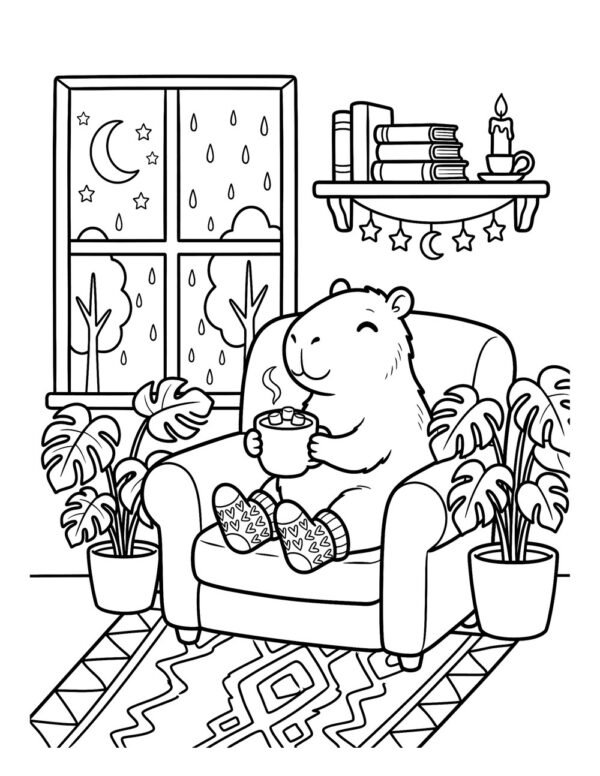 Rainy Night Cocoa A capybara in an armchair sipping cocoa by a rainy window, bold and easy line art