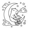 Sitting on the Moon A capybara writing in a journal while sitting on a crescent moon among clouds and stars, bold and easy line art