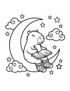 A capybara writing in a journal while sitting on a crescent moon among clouds and stars, bold and easy line art
