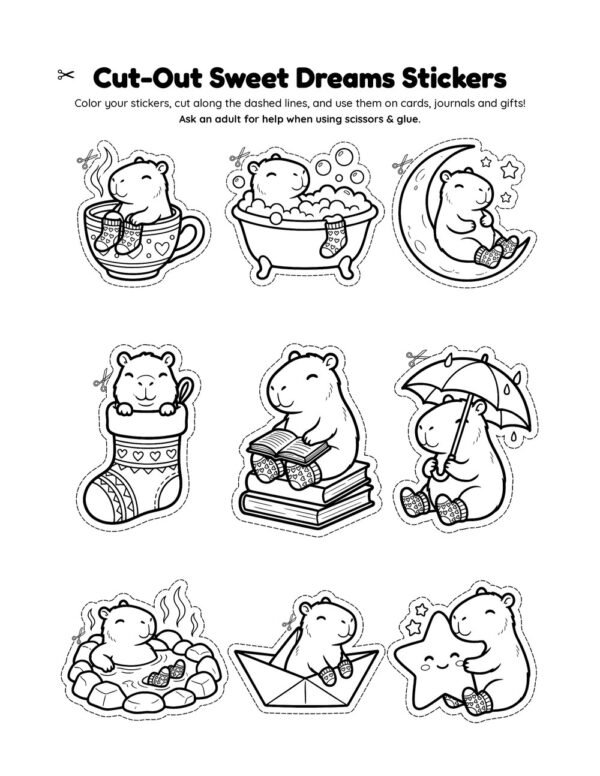 Sweet Dreams stickers A sheet of nine cut-out capybara stickers with dashed cut lines, ready to color