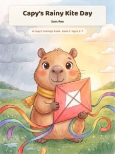 Cover of Capy's Rainy Kite Day: Capy holds a coral-pink diamond kite with rainbow ribbon tails on the meadow hill, rain on one side and sunshine on the other