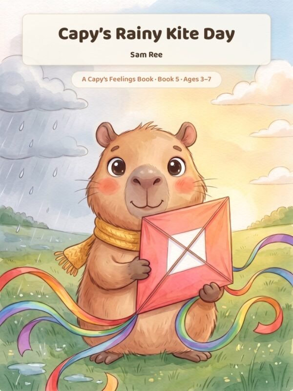 Cover of Capy's Rainy Kite Day: Capy holds a coral-pink diamond kite with rainbow ribbon tails on the meadow hill, rain on one side and sunshine on the other