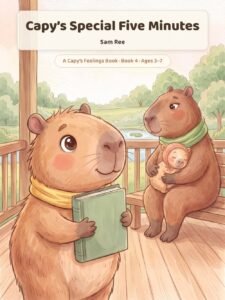 Cover of Capy's Special Five Minutes: Capy hugs a green story book on the porch while Mama holds baby Mini behind him