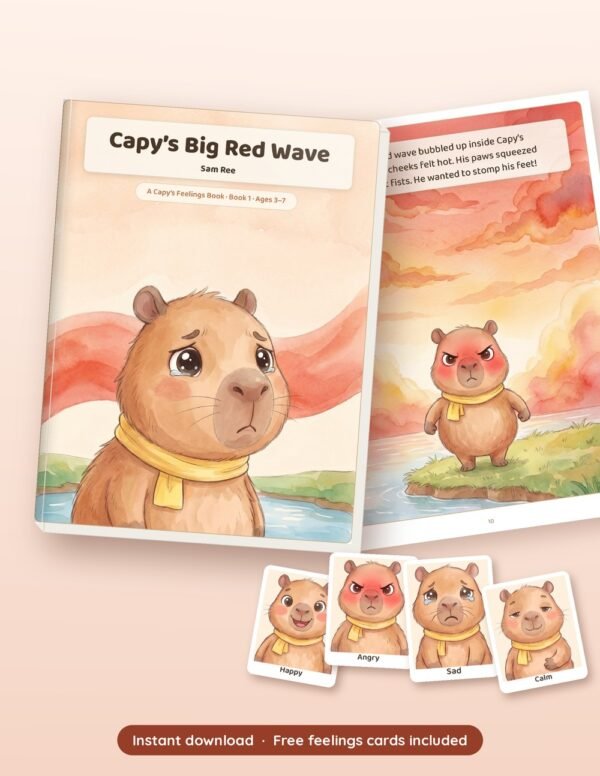 Capy's Big Red Wave printable book shown with real pages from inside, by Reeoka