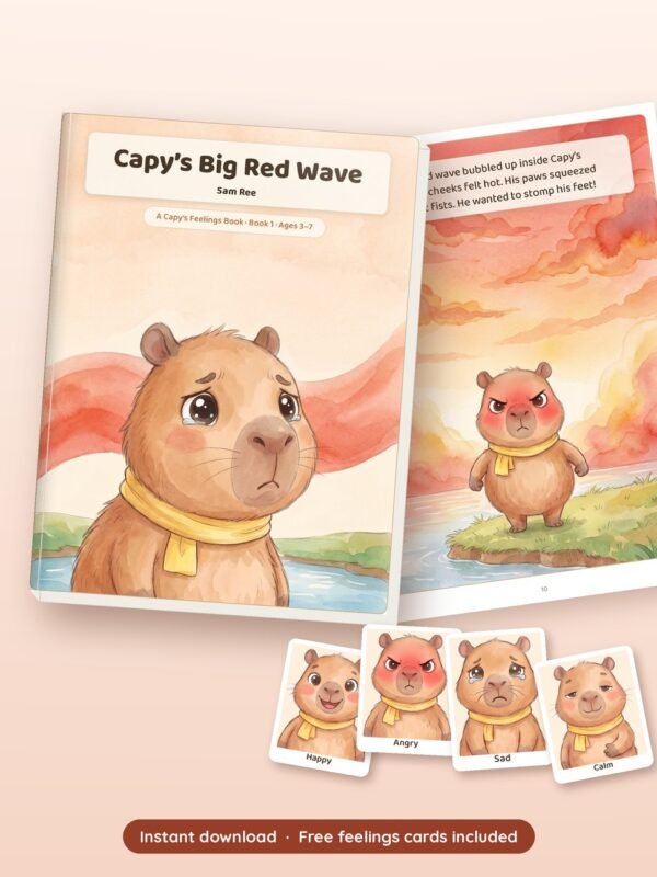 Capy's Big Red Wave printable book shown with real pages from inside, by Reeoka
