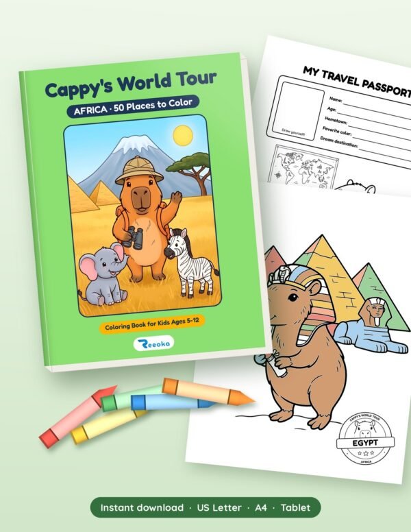 Cappy's World Tour: Africa product mockup Cappy's World Tour: Africa printable book shown with real pages from inside, by Reeoka